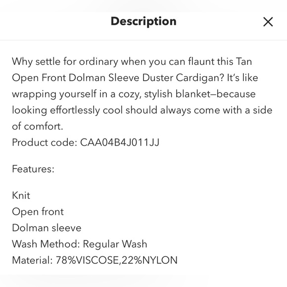 Cupshe Tan Open Front Dolman Sleeve Duster Cardigan - Medium - Picture 6 of 13